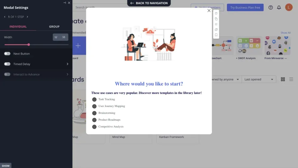 Userpilot modal settings showing a personalized onboarding prompt with visual templates and interaction options.