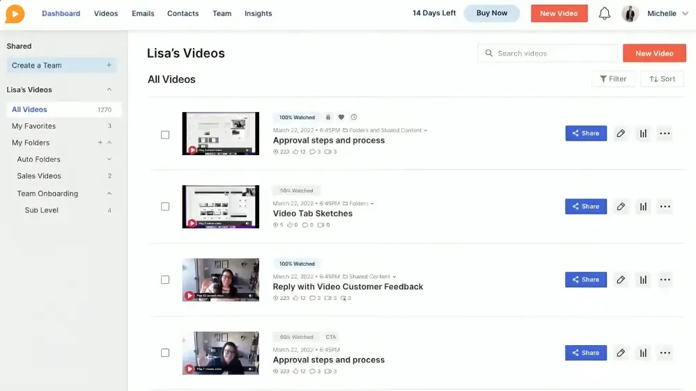 BombBomb video management dashboard showing recorded videos and sharing options.