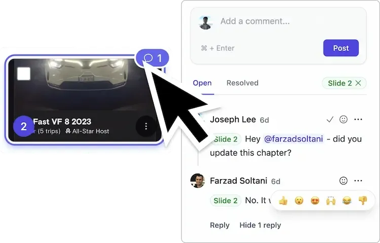 A Supademo comment thread showing collaboration on a project with inline feedback and reactions.