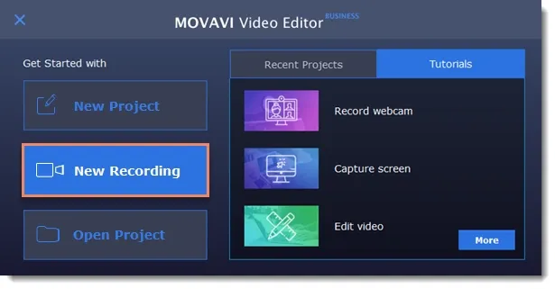 Movavi Screen Recorder interface with options to capture screen, record webcam, and edit videos