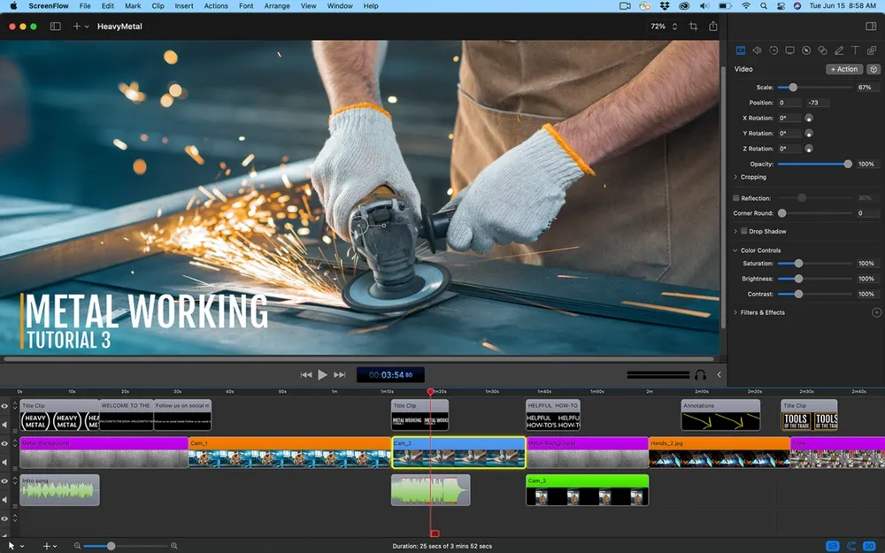 ScreenFlow video editing interface featuring a tutorial on metalworking.