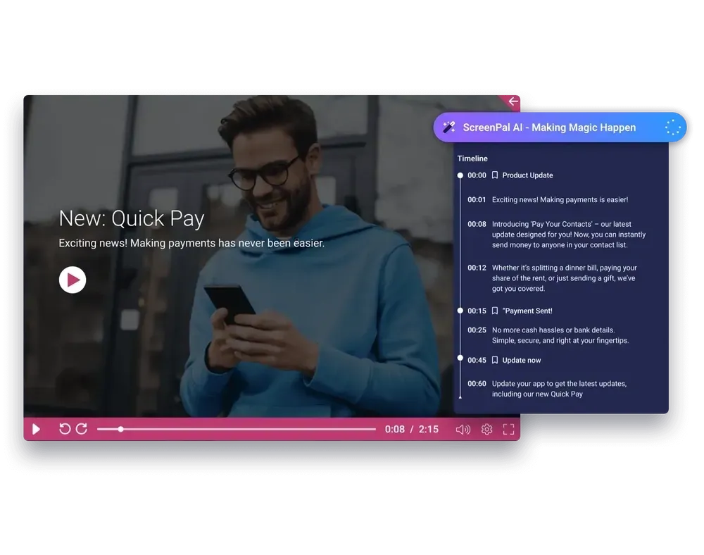 ScreenPal interface displaying a guided video timeline with key updates.