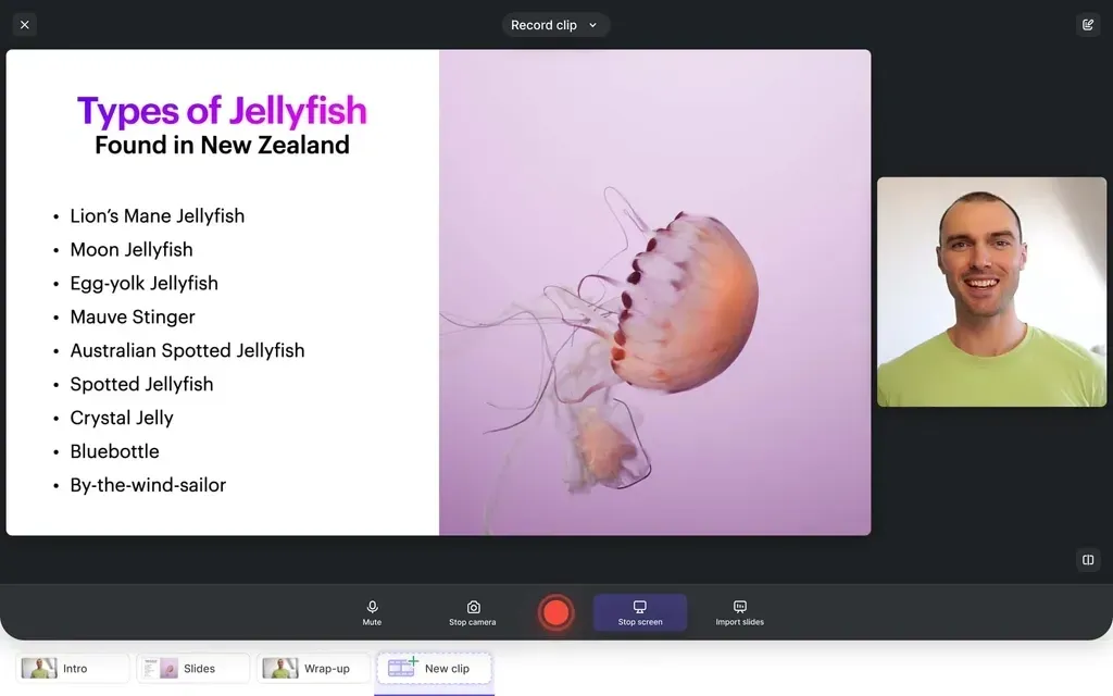 Tella screen recording interface showing a presentation slide with a presenter in the corner.