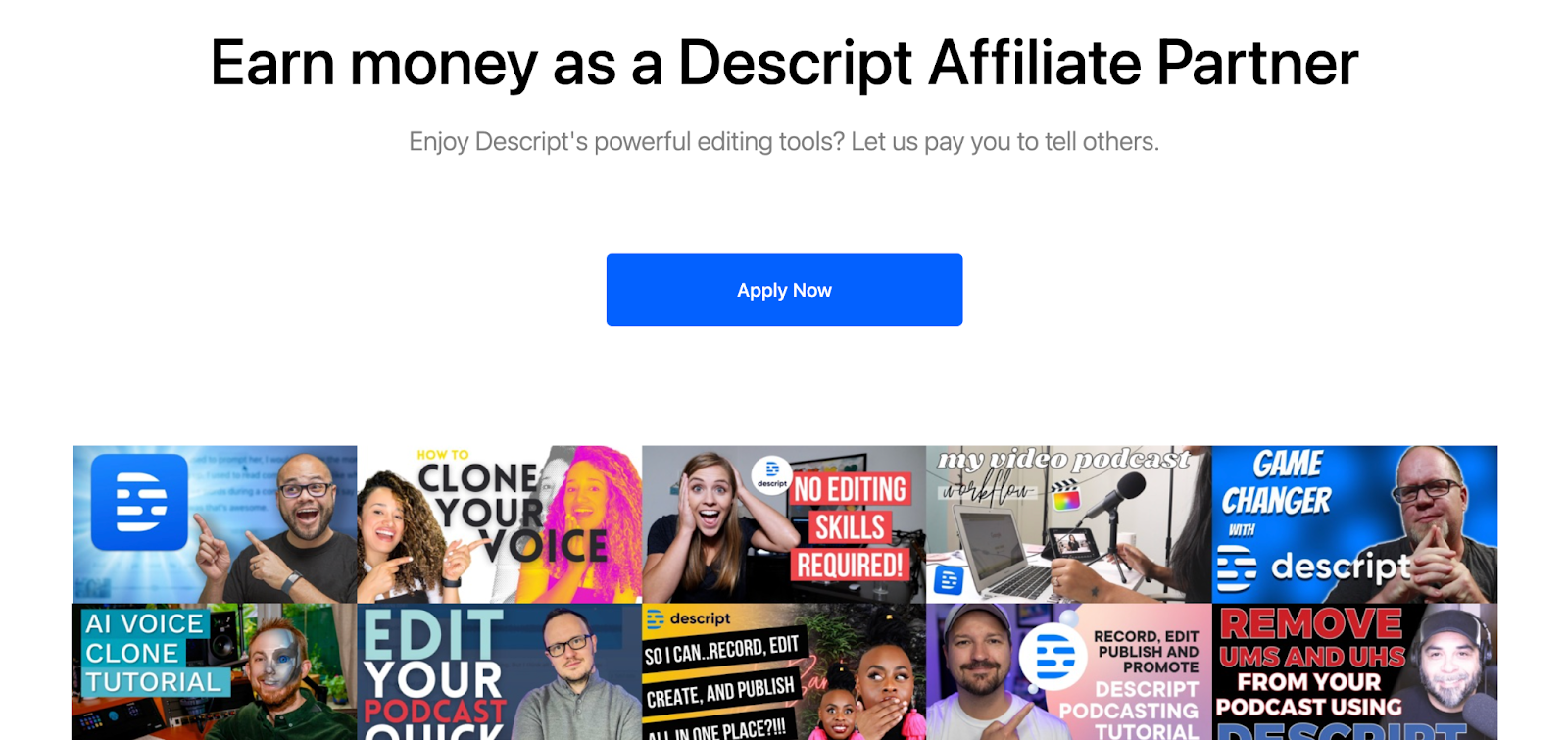 Screenshot of Descript's affiliate marketing program page