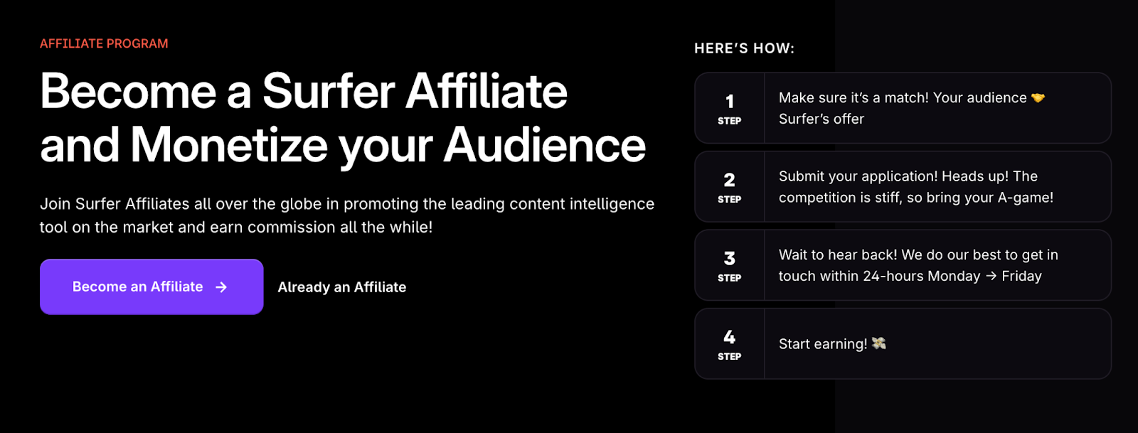 Screenshot of Surfer's affiliate marketing program page