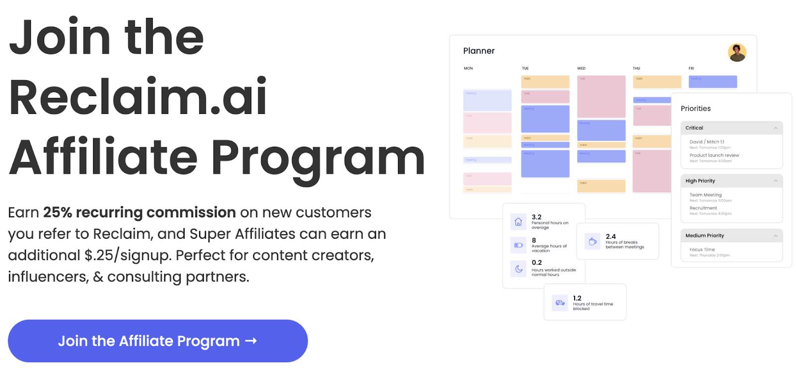 Screenshot of Reclaim.ai's affiliate marketing program page