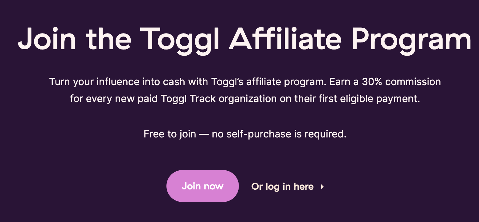 Screenshot of Toggl's affiliate marketing program page
