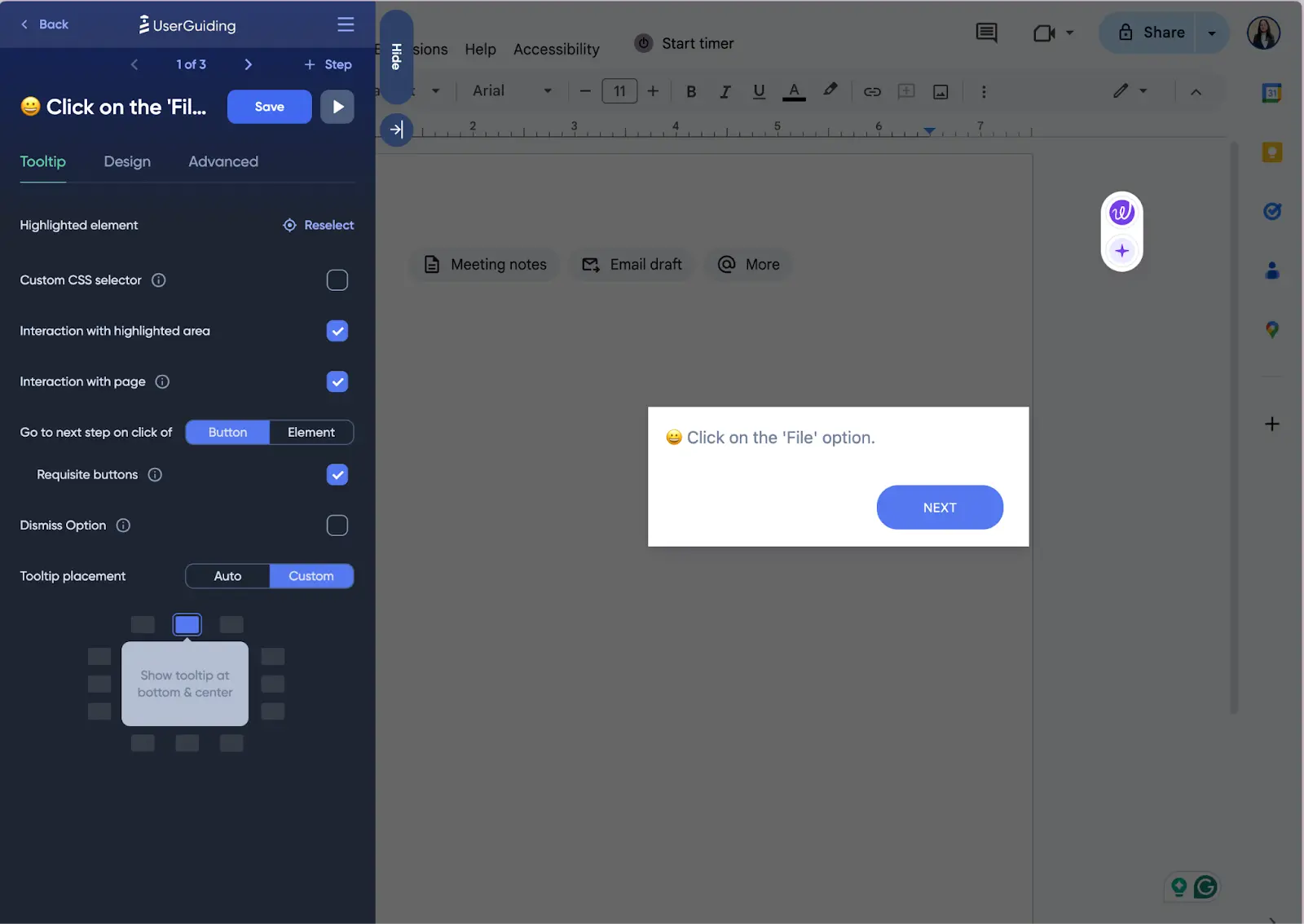 Screenshot of UserGuiding interactive demo editing interface