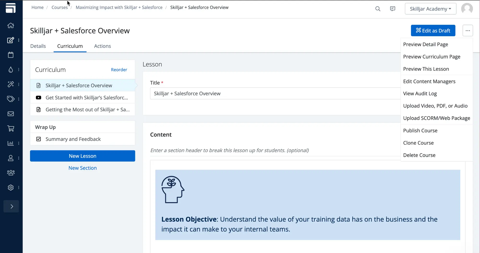 Skilljar LMS course creation interface showing "Skilljar + Salesforce Overview" lesson with curriculum structure and lesson objective about training data impact.