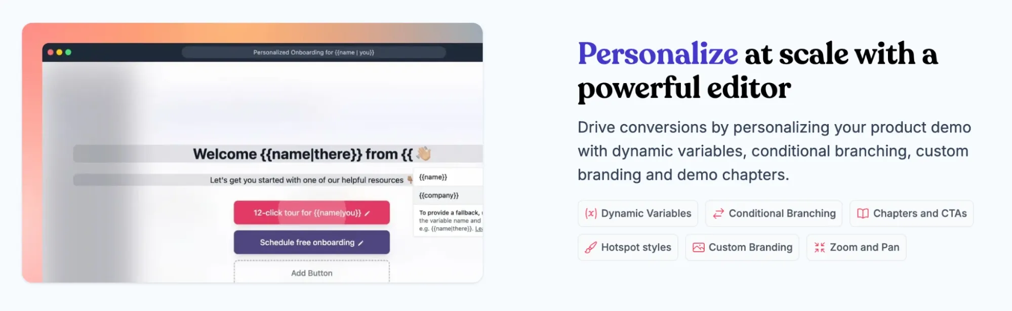 Supademo personalization interface showing dynamic variables