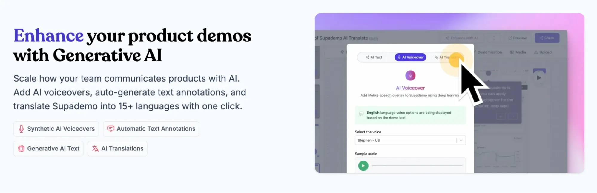 Supademo AI voiceover interface with voice selection and generation controls