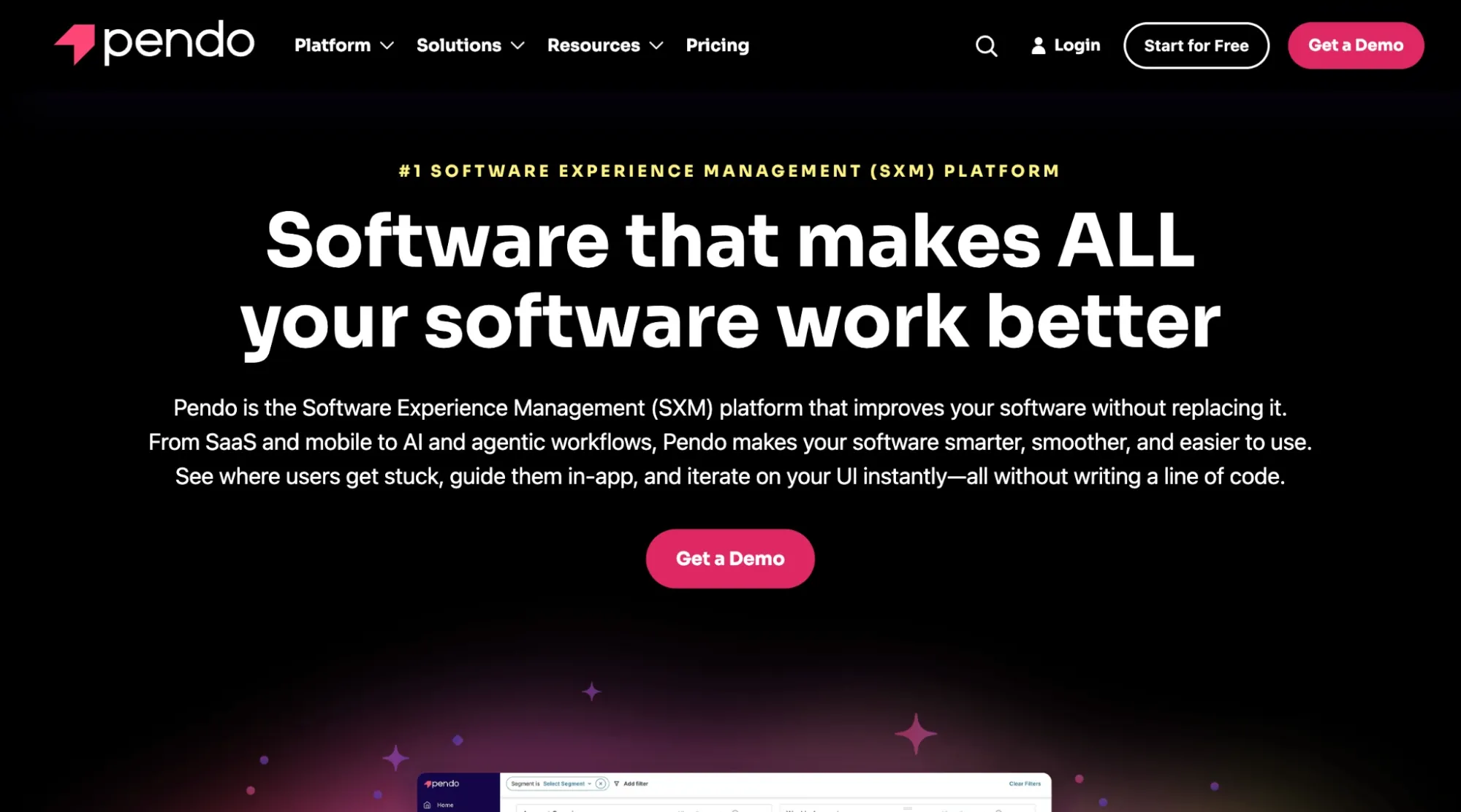 Software experience management Pendo platform homepage interface showing user guidance capabilities