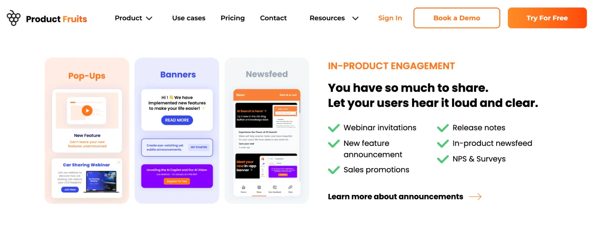 Product Fruits in-product engagement platform showing pop-ups, banners and newsfeed options