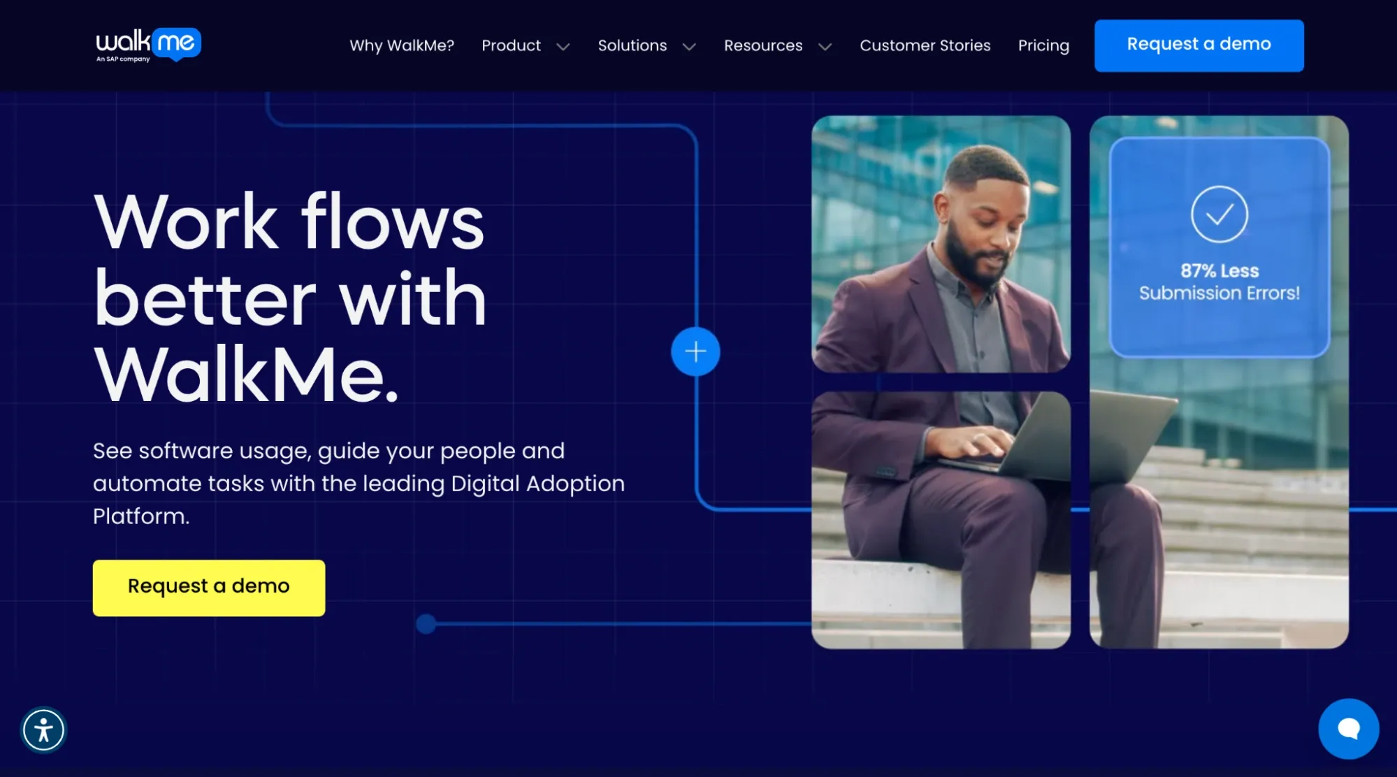 WalkMe platform featuring workflow automation tools and user guidance with engagement metrics