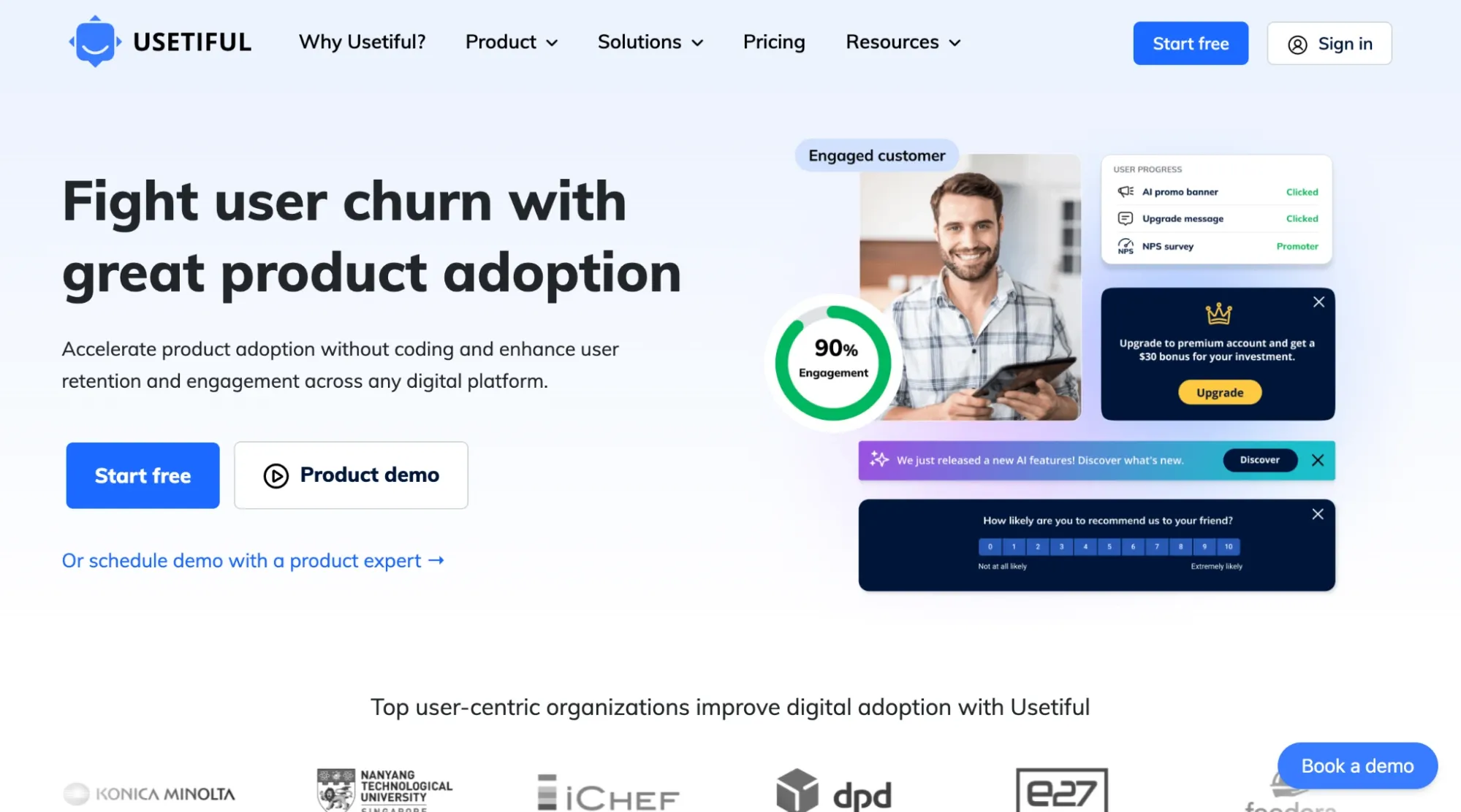 Usetiful’s Digital adoption platform interface showing engagement metrics and interactive guidance tools