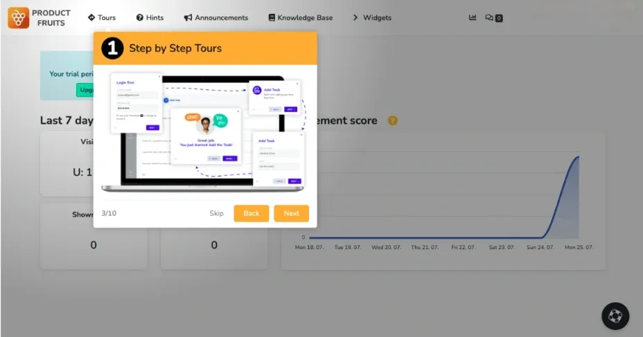 Product Fruits platform showing product tour setup and user engagement tracking.