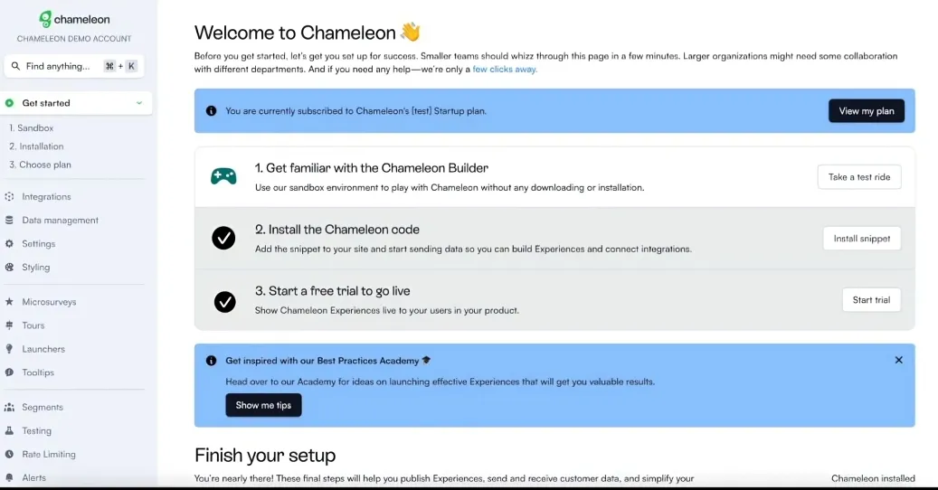 Chameleon setup screen with a guided onboarding checklist and best practices recommendations.