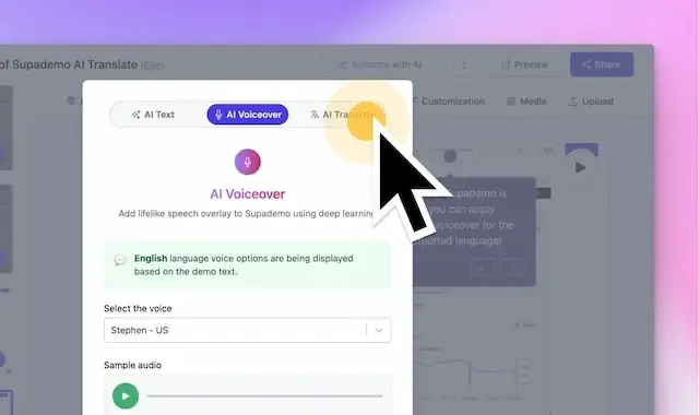 Supademo interface showing AI voiceover selection and customization panel.