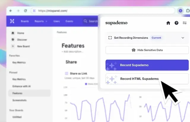 Cursor hovering over Supademo’s record options inside a browser dashboard.