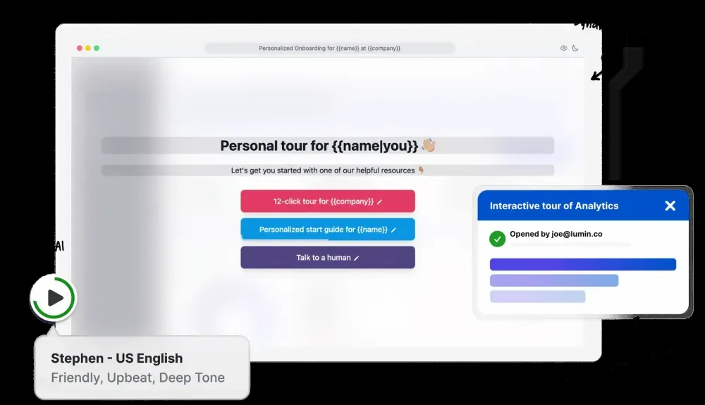 Customized Supademo onboarding screen with interactive tour options and user engagement panel.