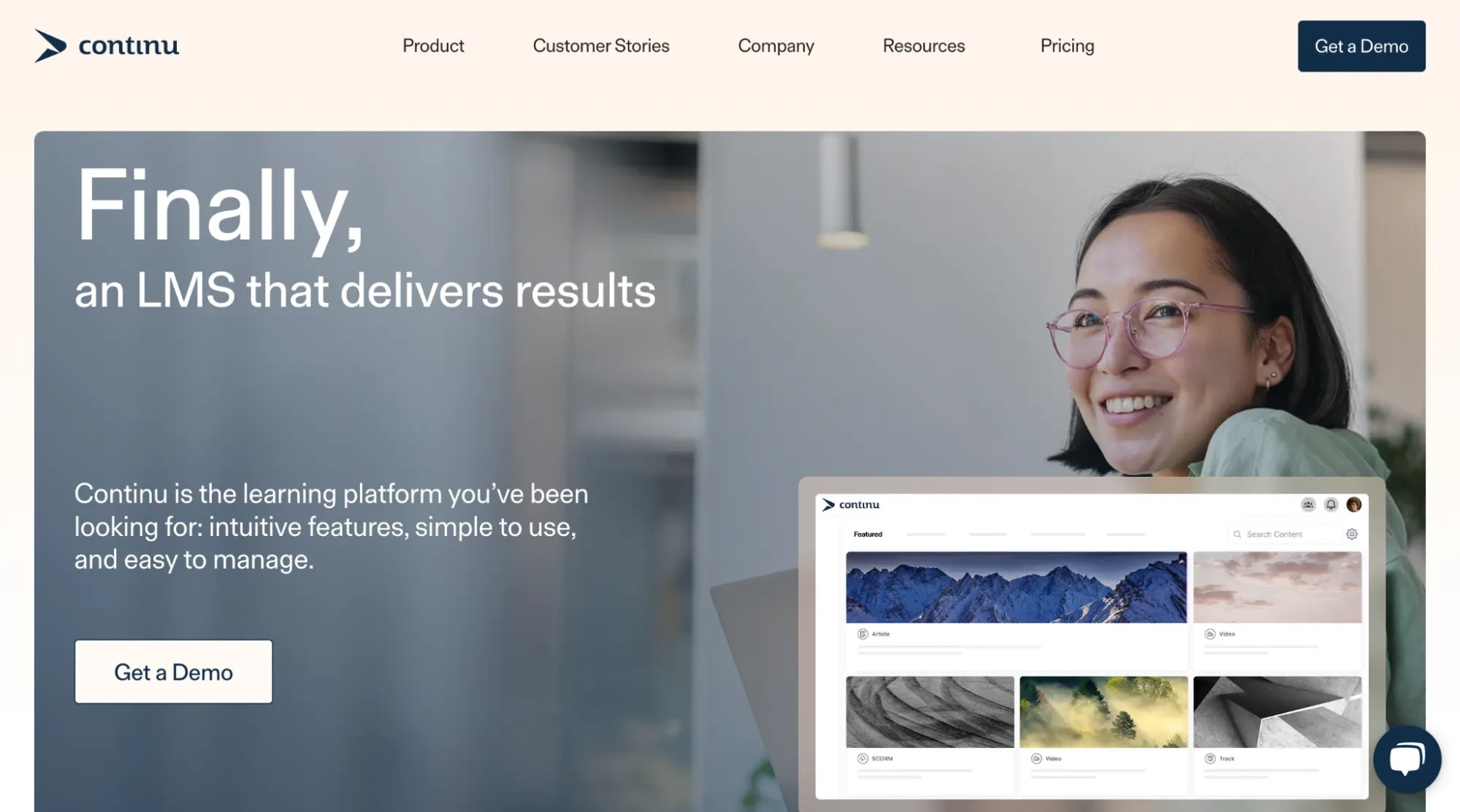 Continu learning platform homepage with interface preview