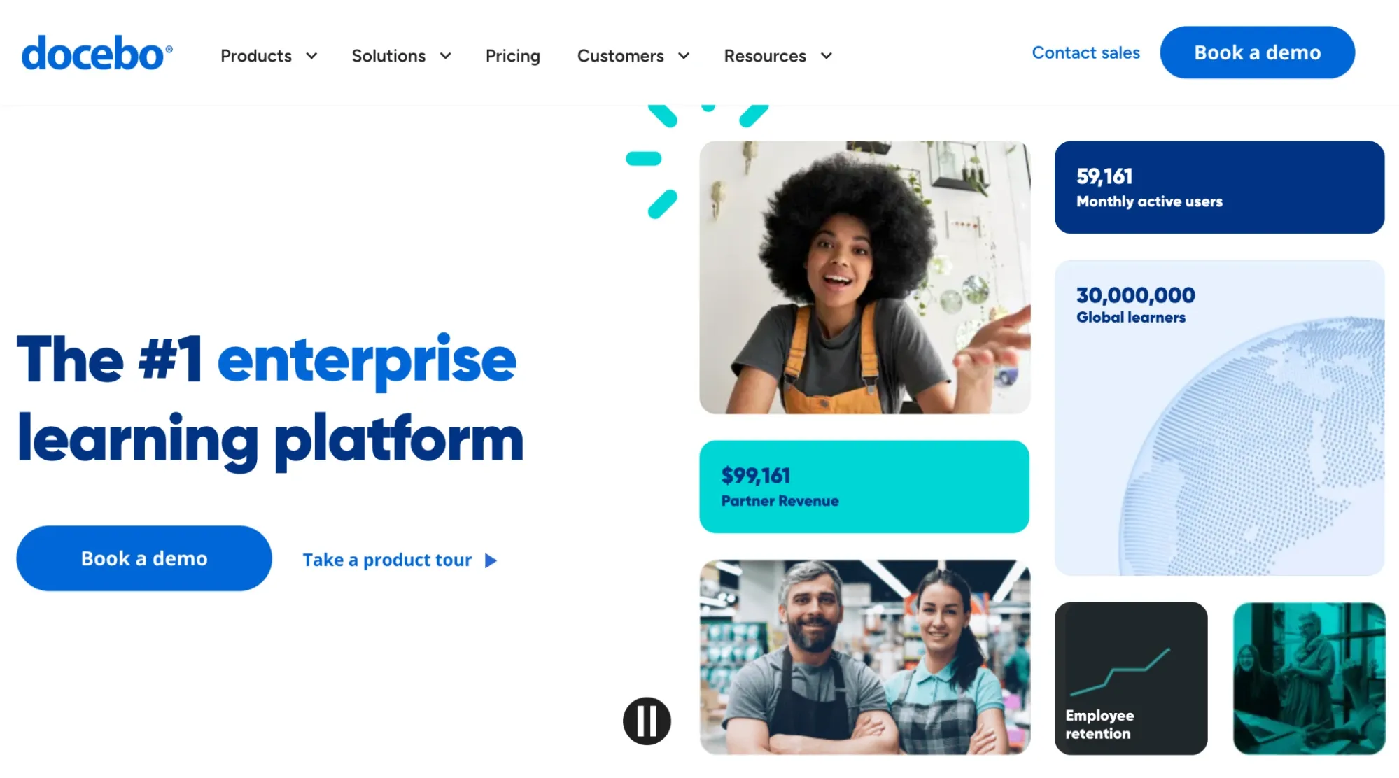 Docebo enterprise learning platform homepage with user statistics
