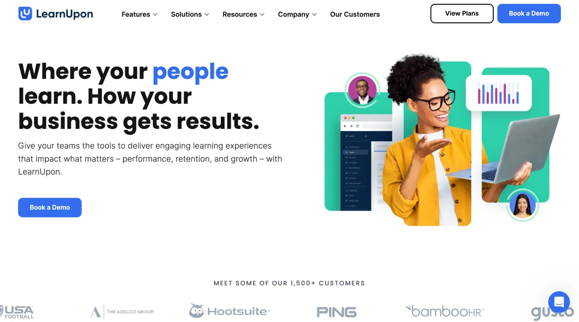 LearnUpon learning platform homepage with analytics dashboard