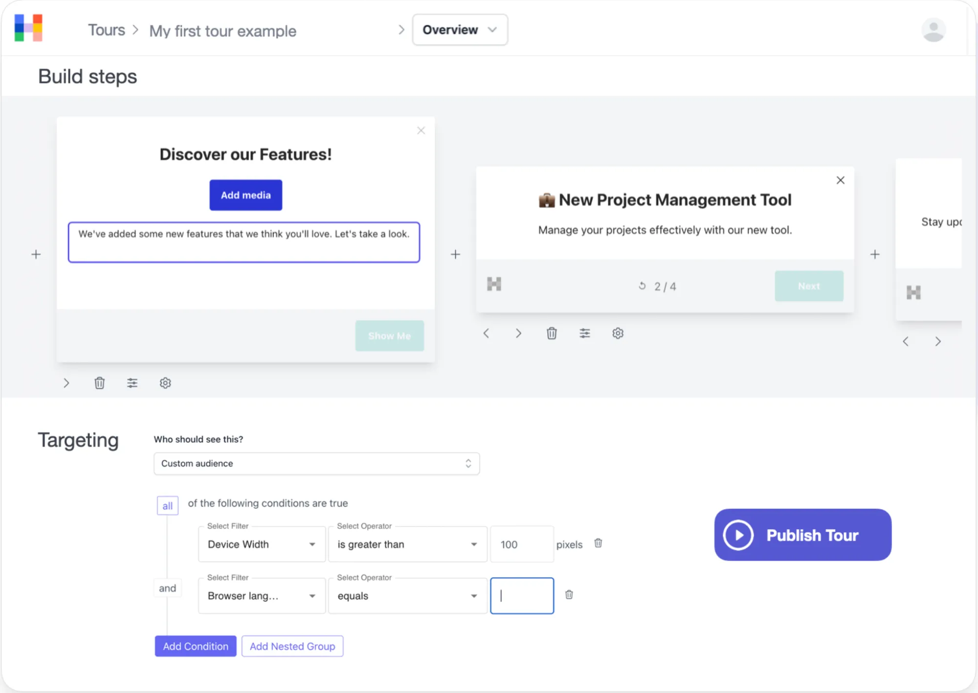 Hopscotch tour builder showing step customization and targeting conditions for user segments.