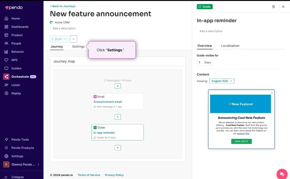 Pendo journey map interface displaying multi-channel product guide workflow.