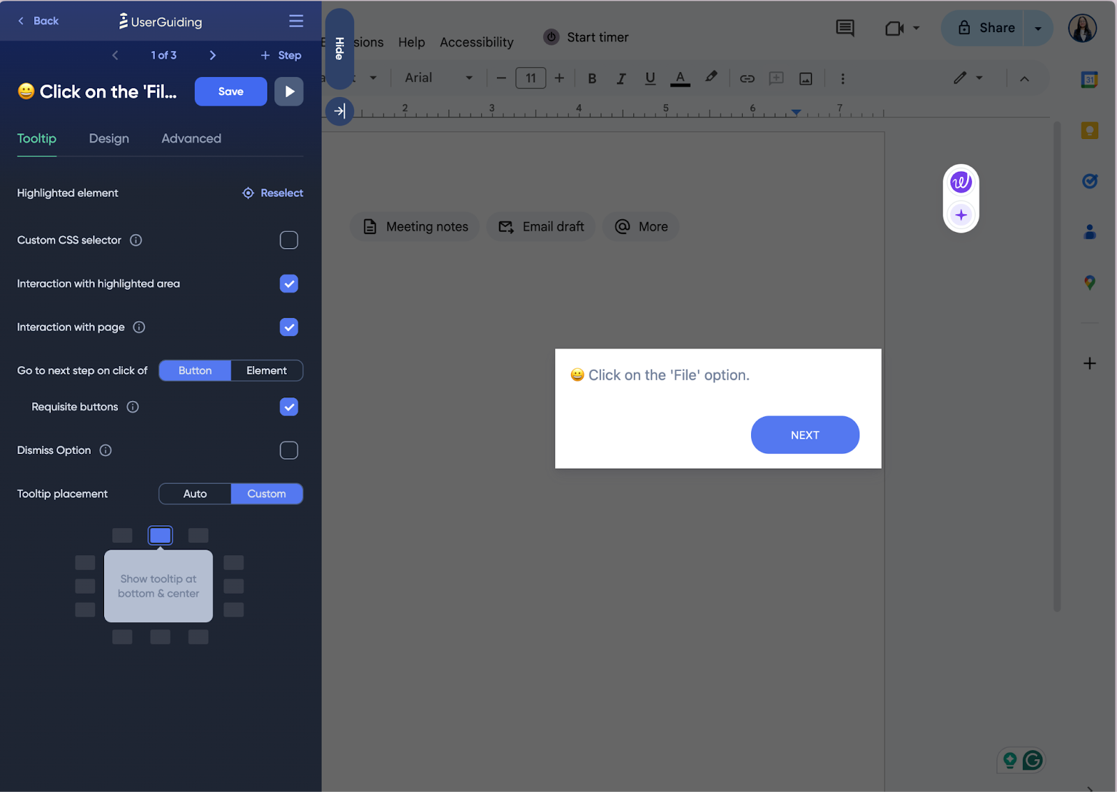 UserGuiding interface displaying tooltip creation settings in visual editor.