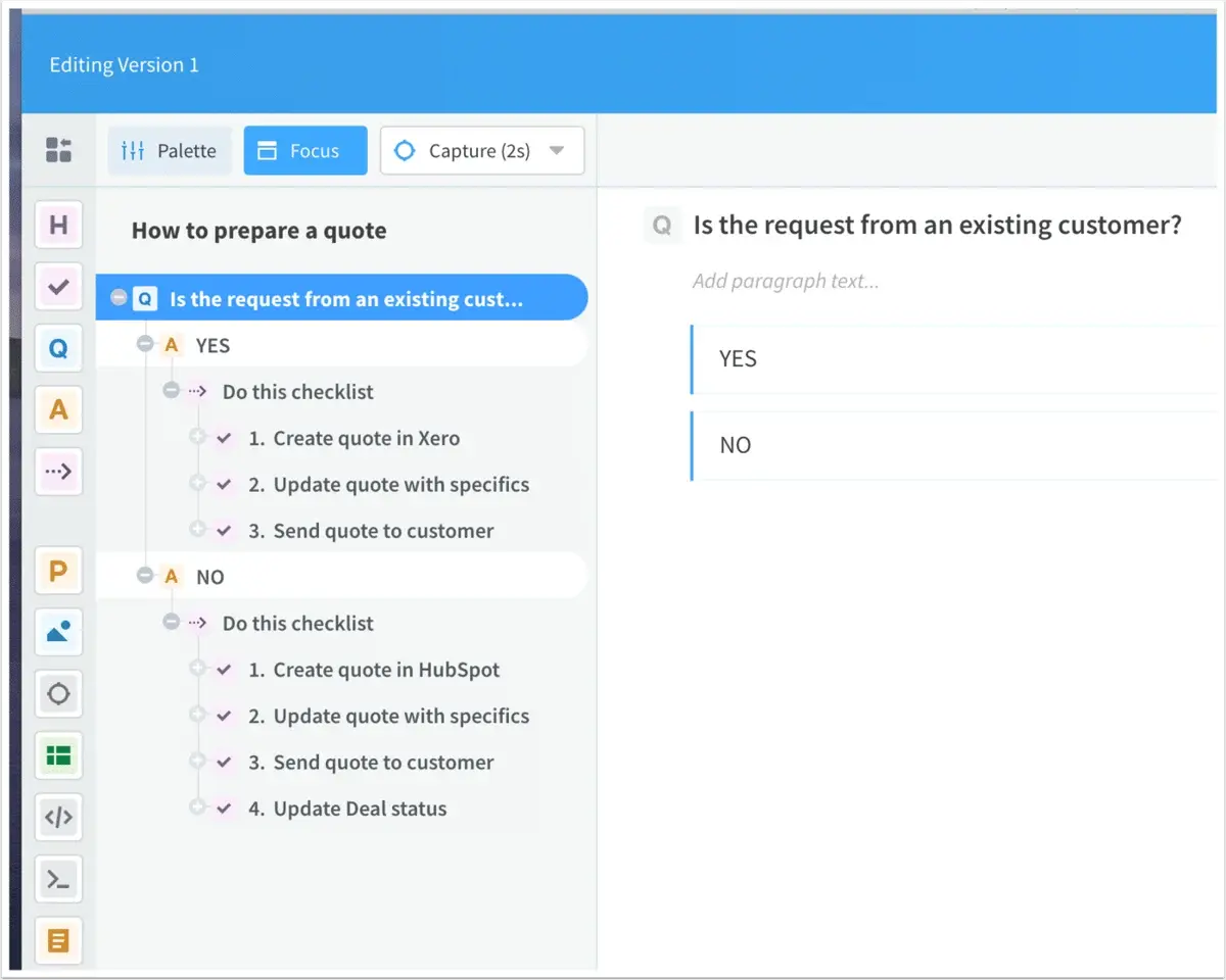A workflow editor showing a decision tree for quote preparation with two paths based on whether the request is from an existing customer, with different checklists for each scenario using Xero or HubSpot.