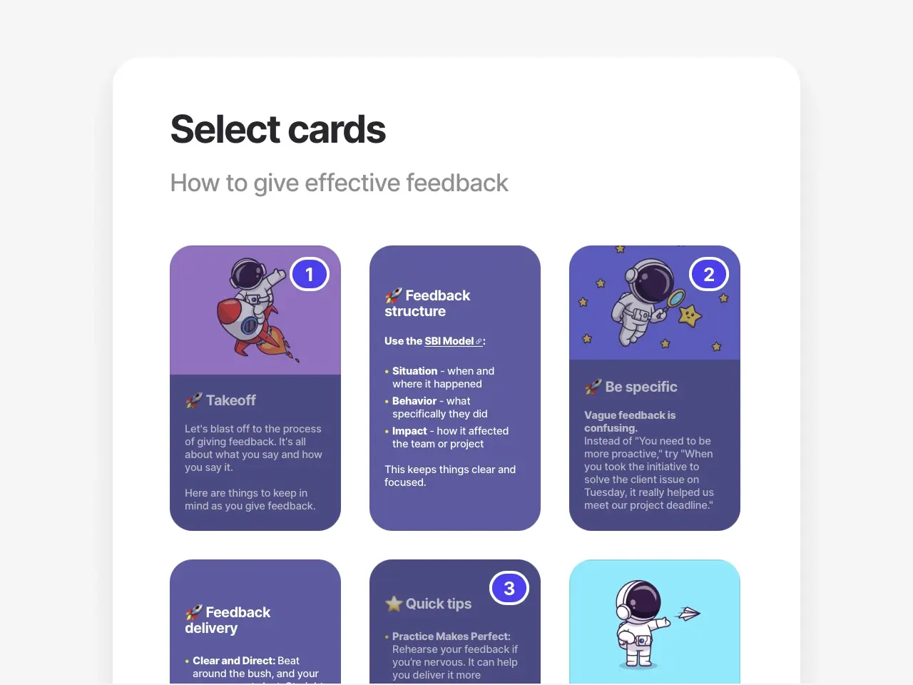 A selection screen showing various feedback cards with topics including "Takeoff," "Feedback structure," "Be specific," "Feedback delivery," and "Quick tips," each illustrated with astronaut characters and containing guidance on effective feedback practices.