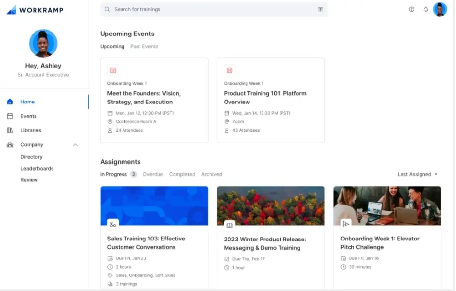 A dashboard for Workramp showing upcoming onboarding events including "Meet the Founders" and "Product Training 101," along with assignments in progress including sales training and product release training.