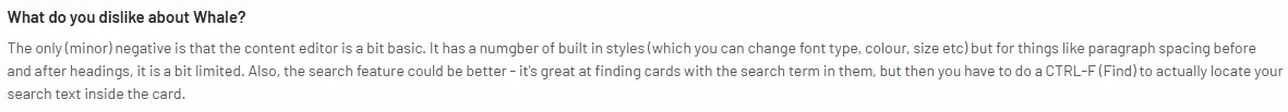 G2 review mentions Whale's content editor is too basic.