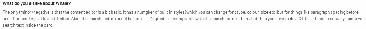 G2 user review suggesting improvements for the search function to enhance usability.