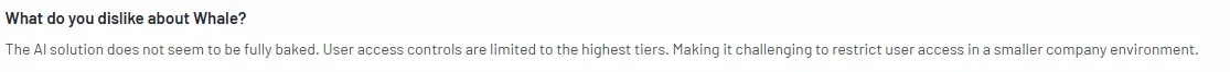 G2 user review criticizing Whale's AI solution for being underdeveloped.