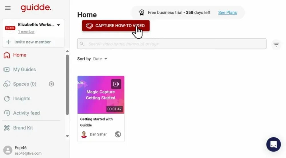 Guidde's home dashboard with a highlighted "Capture How-To Video" button for creating video-based tutorials.