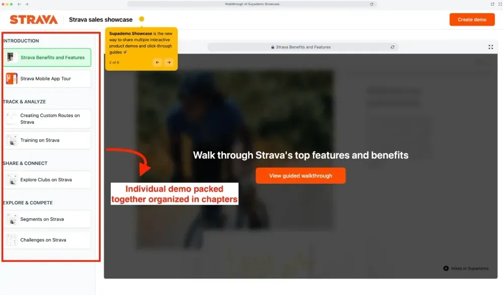Supademo showcase feature displaying a structured walkthrough of Strava’s sales demo with guided chapters.