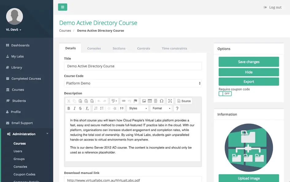 Virtual lab course creation interface showing Active Directory course details with description and configuration options.