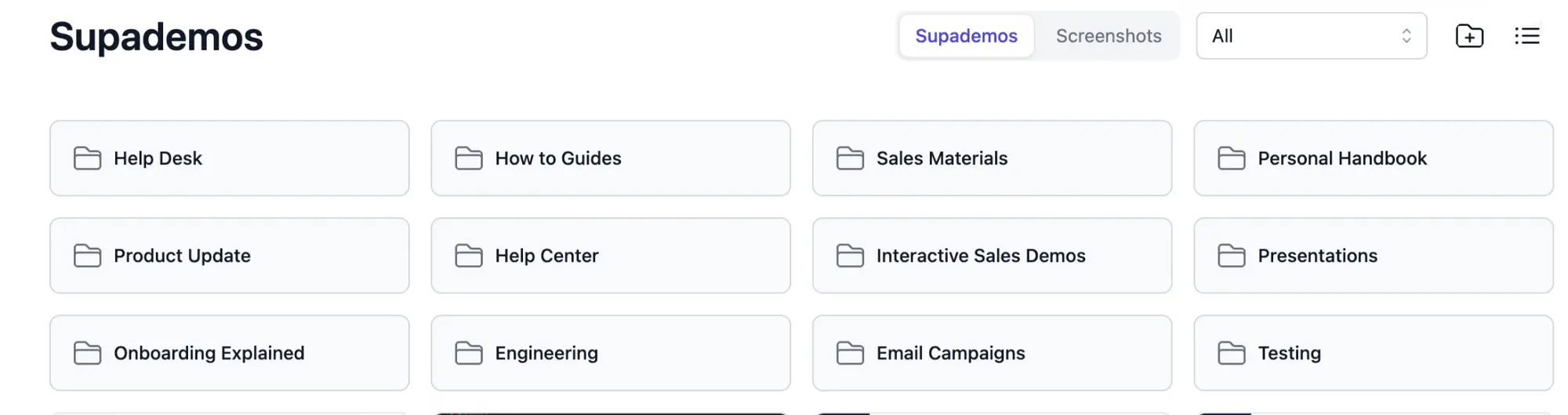 Supademo folder organization interface displaying multiple folders categorized for different use cases like Help Desk, Sales Materials, and Onboarding.