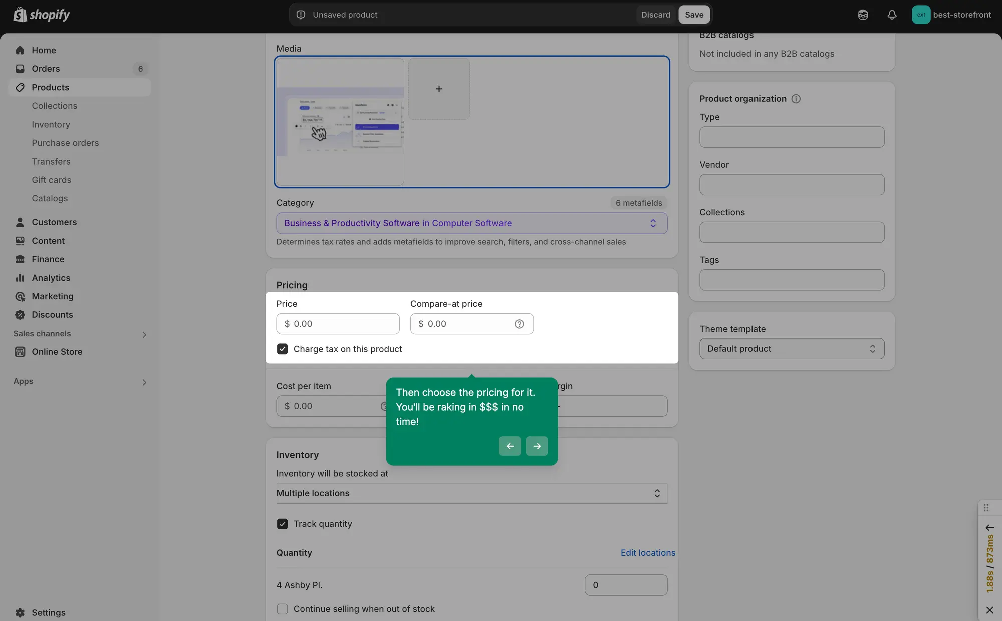 Shopify product interface recorded via Supademo with pricing section and a green popup explaining pricing feature benefits.