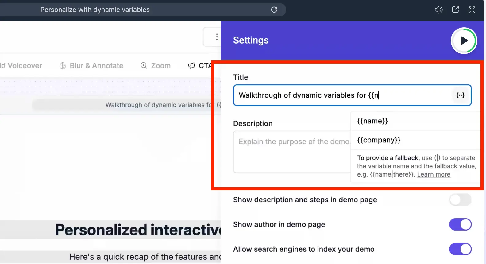 Demo personalization interface showing dynamic variable settings with placeholders for name and company information.