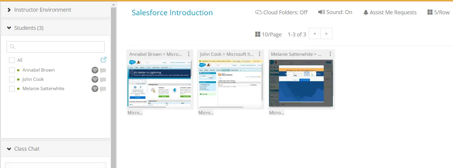 Instructor environment interface for Salesforce Introduction course showing three student environments for Annabel, John, and Melanie.