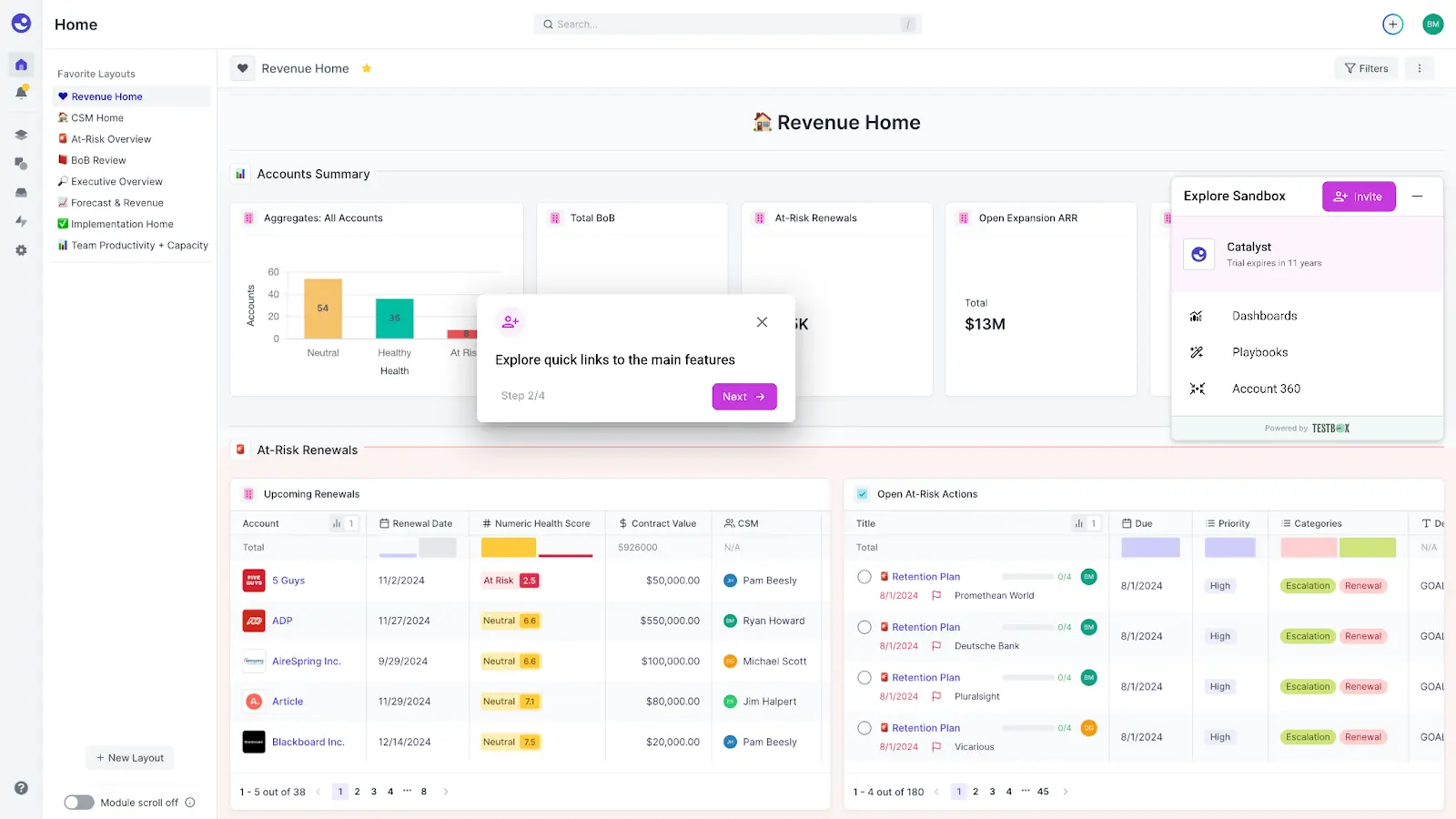 Screenshot of a sanbox setup of a SaaS tool built using TestboxTestBox dashboard showing Revenue Home with account health metrics, at-risk renewals, and performance charts for NA, EU, and APAC regions.