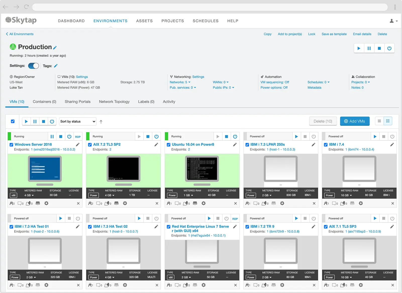 Skytap cloud interface showing virtual machine environment with various running VMs including Windows Server, Ubuntu, AIX and IBM instances.