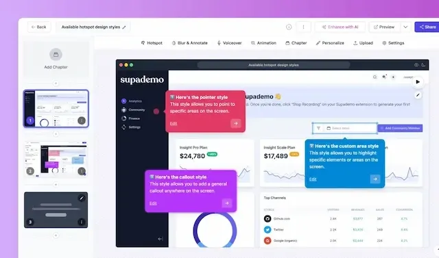 Supademo dashboard with an interactive demo editor featuring various annotation styles.