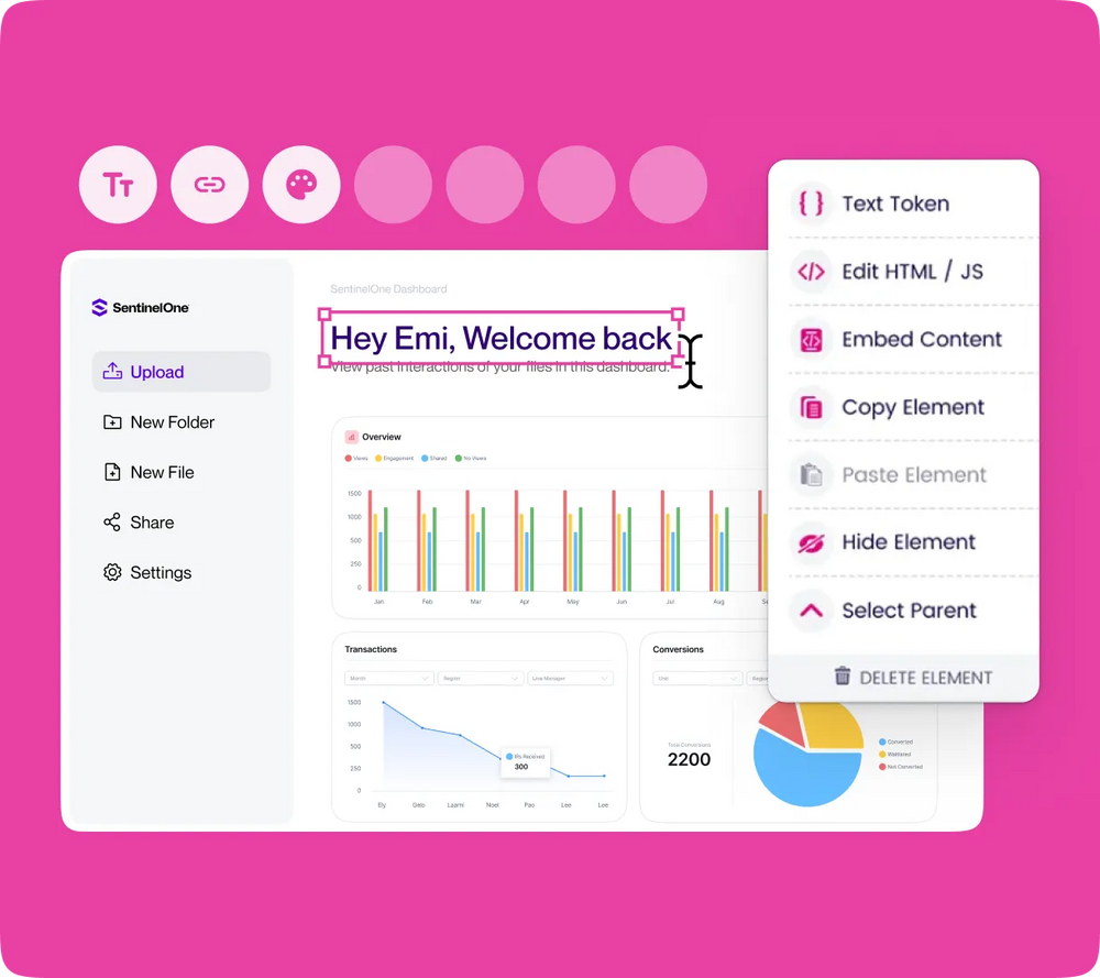 Storylane interface showing text editing, UI customization, and embedding options for interactive, personalized product demos.