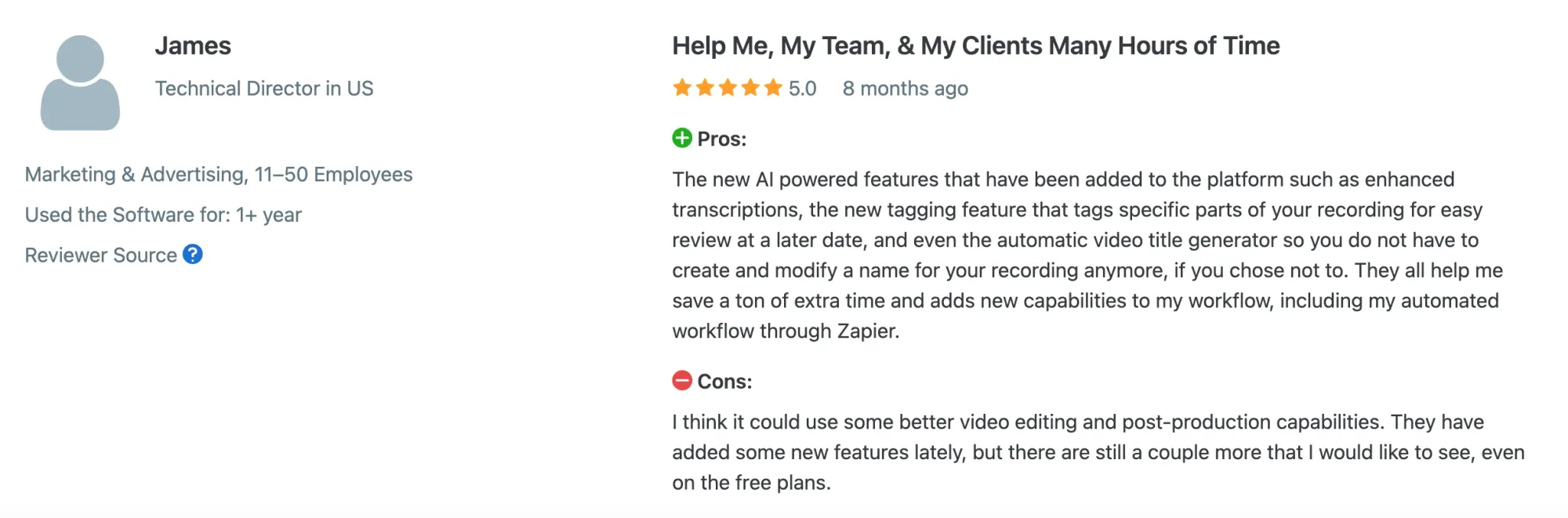 G2 reviewers praise Loom’s AI as “actually useful, saving me tons of editing time