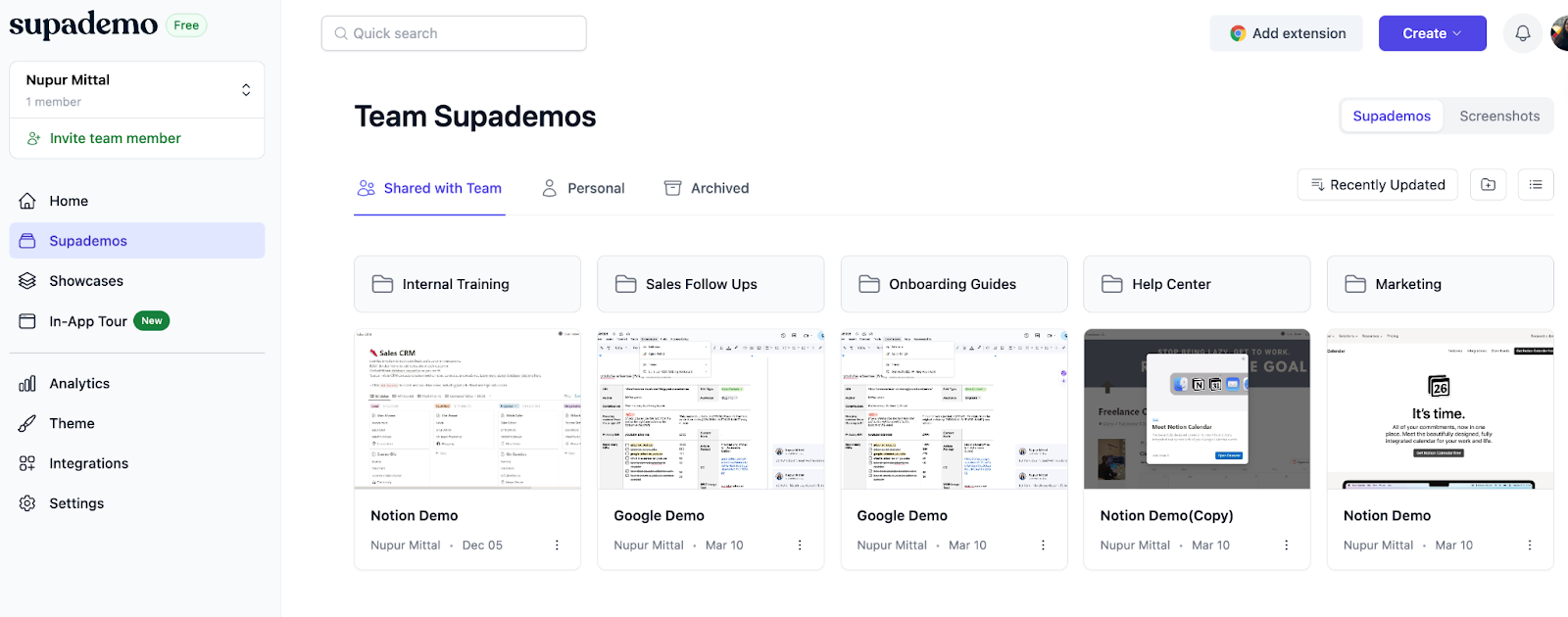 Snapshot of Supademo’s workspace showing a list of interactive demos.