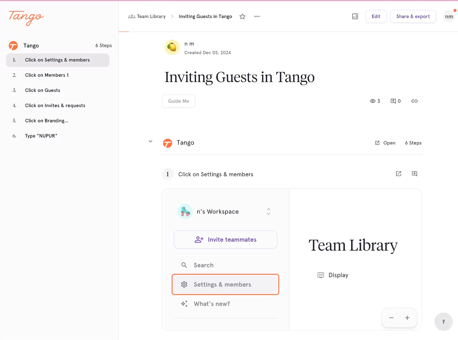 Tango guide showing 6 steps to invite guests, including navigating through settings and members section.